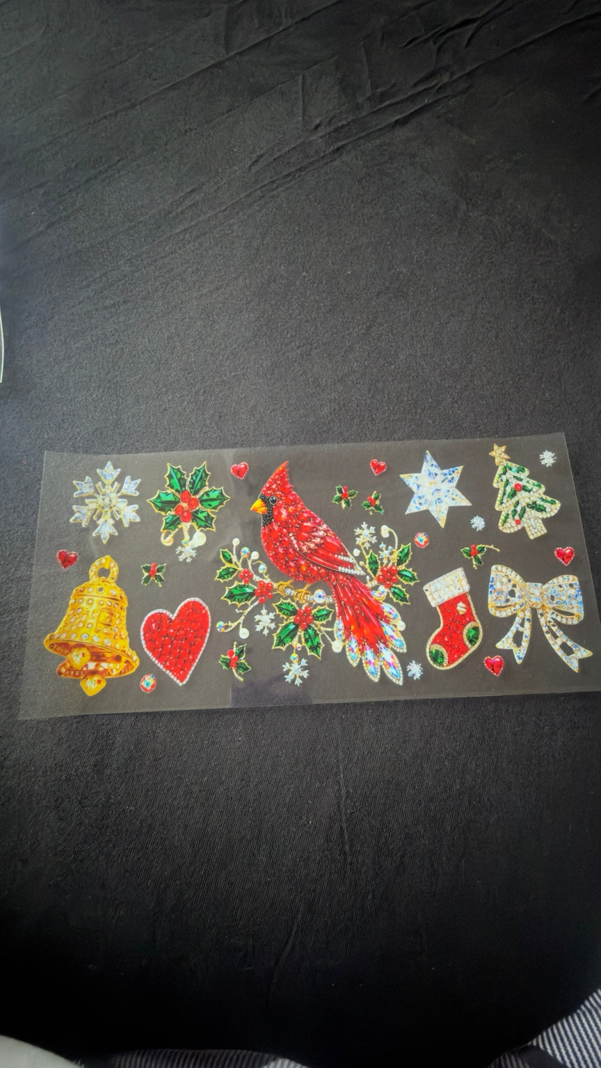 Red Cardinal and Holiday Gems Christmas UV DTF transfer