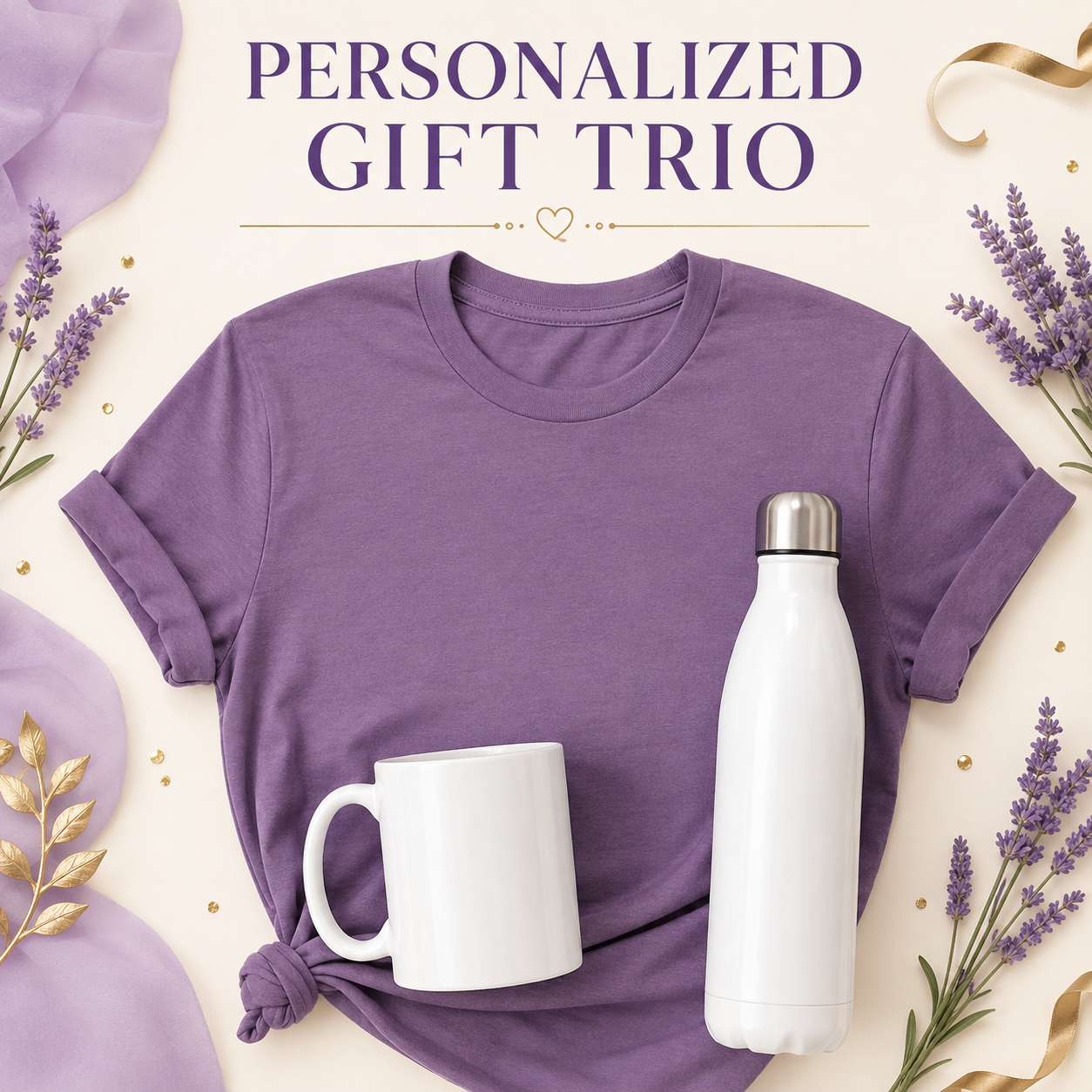 Personalized gift trio bundle with custom T-shirt, mug and aluminum water bottle