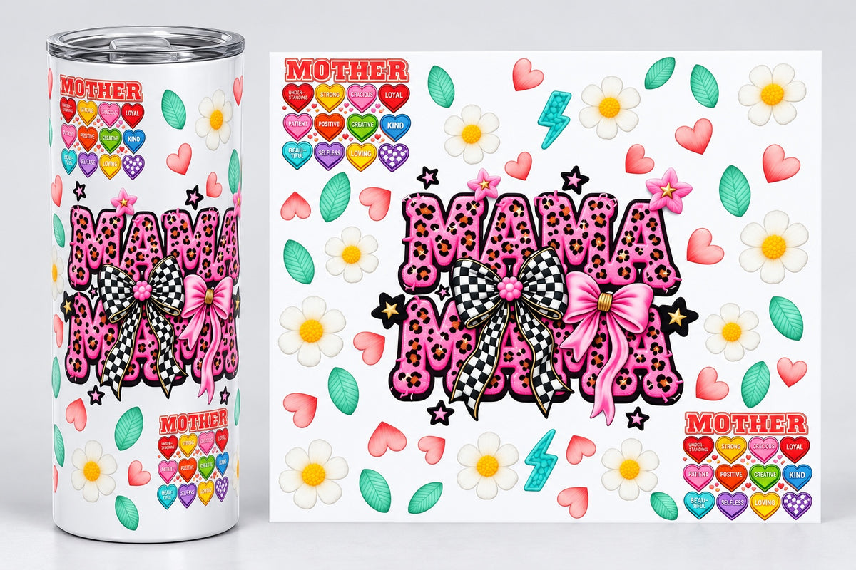 Mama Leopard Bows and Daisies 20 oz tumbler wrap - tumbler mockup and flat wrap preview. Wrap only; tumbler not included.