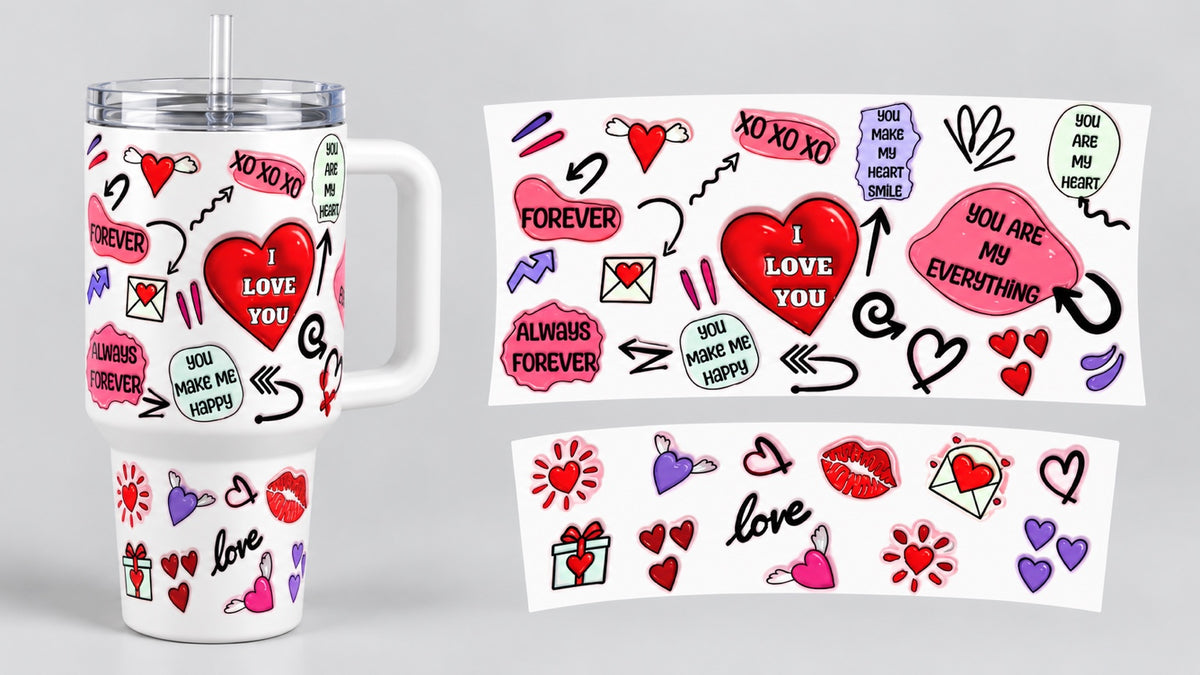 I Love You Hearts and Love Notes 40 oz tumbler wrap - tumbler mockup and flat wrap preview. Wrap only; tumbler not included.