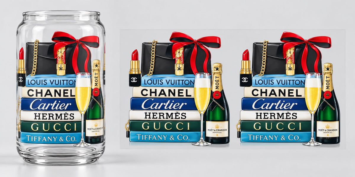 Luxury Fashion Books and Champagne UV DTF transfer - cup mockup and transfer preview. Transfer only; cup not included.