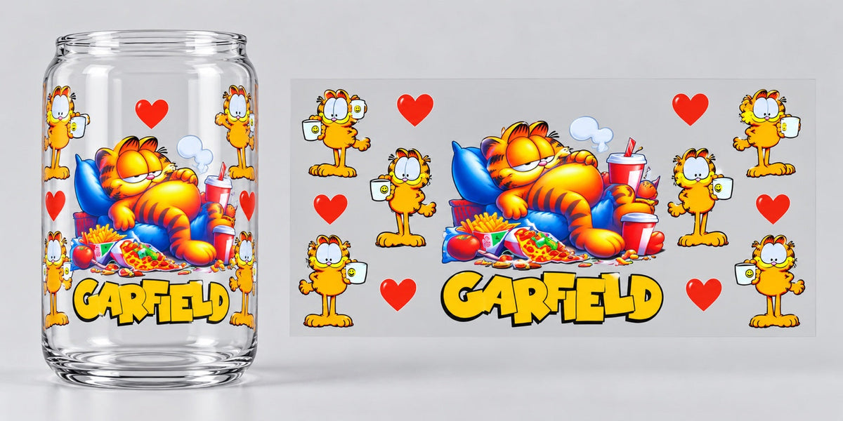 Garfield Snack Time UV DTF transfer - cup mockup and transfer preview. Transfer only; cup not included.