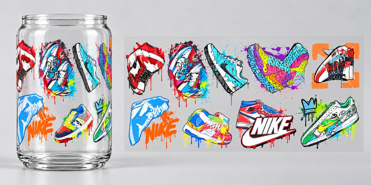 Graffiti Sneaker Drip Collage UV DTF transfer - cup mockup and transfer preview. Transfer only; cup not included.