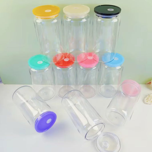 Clear 16 oz acrylic can-shaped tumblers with assorted coloured lids