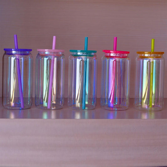 Iridescent Shimmer rainbow Glass Cans with Straw