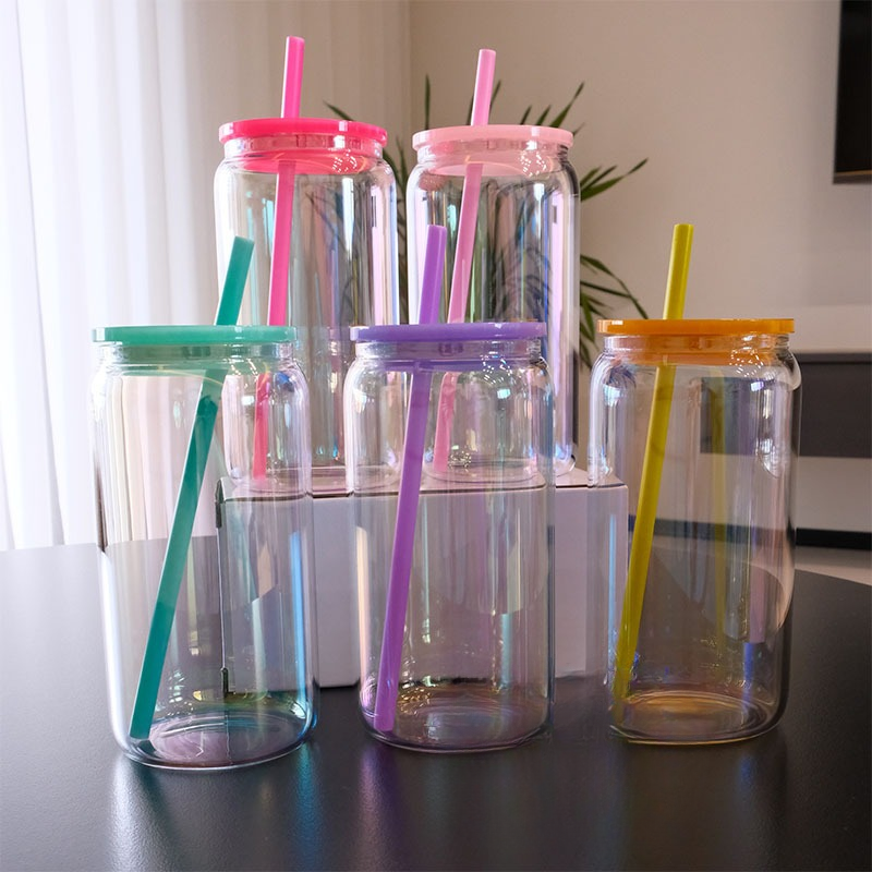 Iridescent Shimmer rainbow Glass Cans with Straw