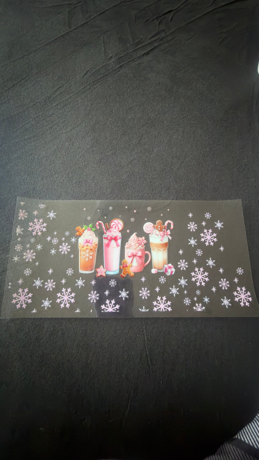 Pink Holiday Drinks and Snowflakes Christmas UV DTF transfer