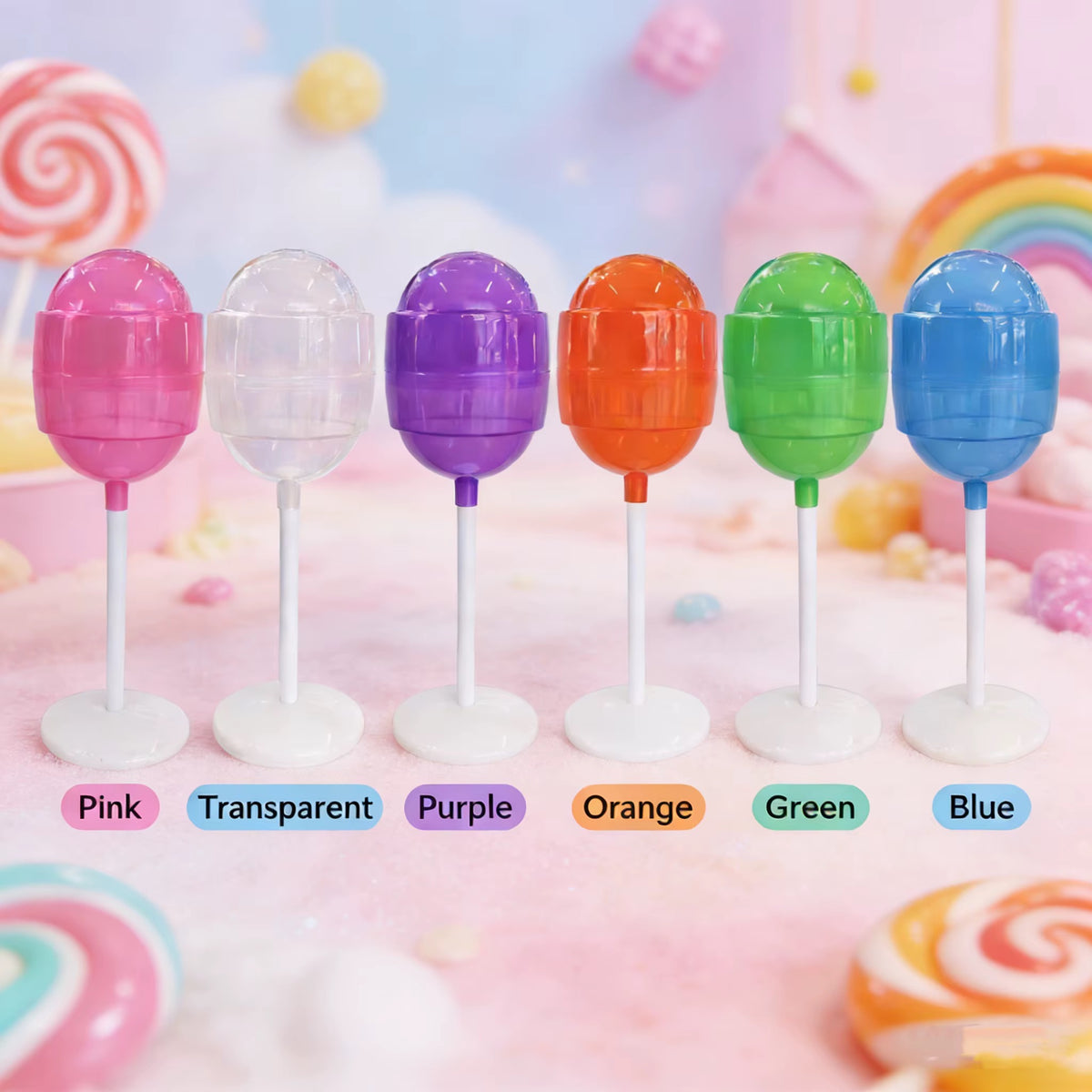 Lollipop-shaped gift containers in six colours: pink, clear, purple, orange, green, blue