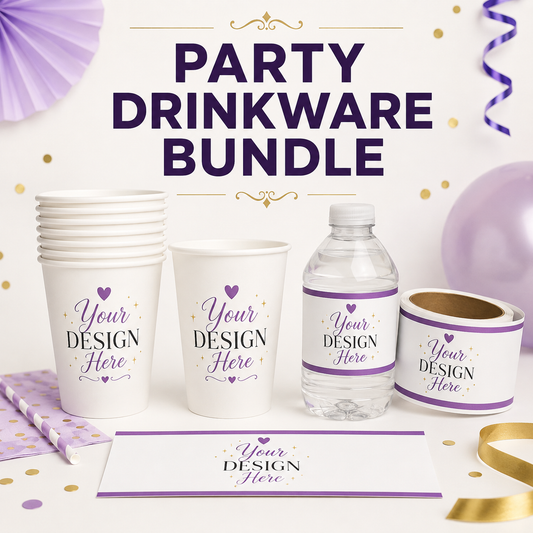 Party drinkware bundle with custom cups and personalized water bottle labels