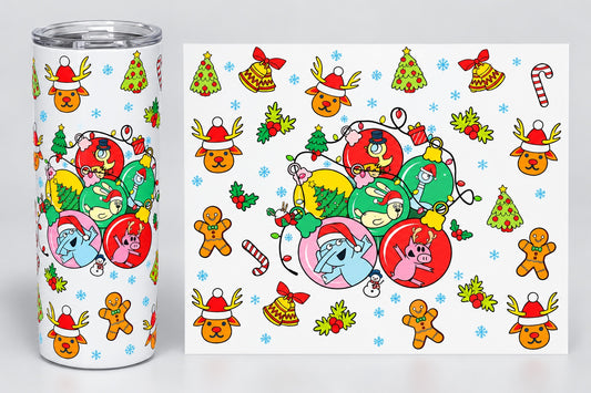 SpongeBob Christmas Ornaments 20 oz tumbler wrap - tumbler mockup and flat wrap preview. Wrap only; tumbler not included.