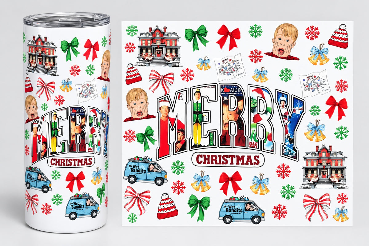 Merry Christmas Movie Collage 20 oz tumbler wrap - tumbler mockup and flat wrap preview. Wrap only; tumbler not included.