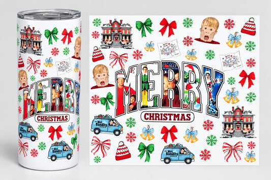 Merry Christmas Movie Collage 20 oz tumbler wrap - tumbler mockup and flat wrap preview. Wrap only; tumbler not included.
