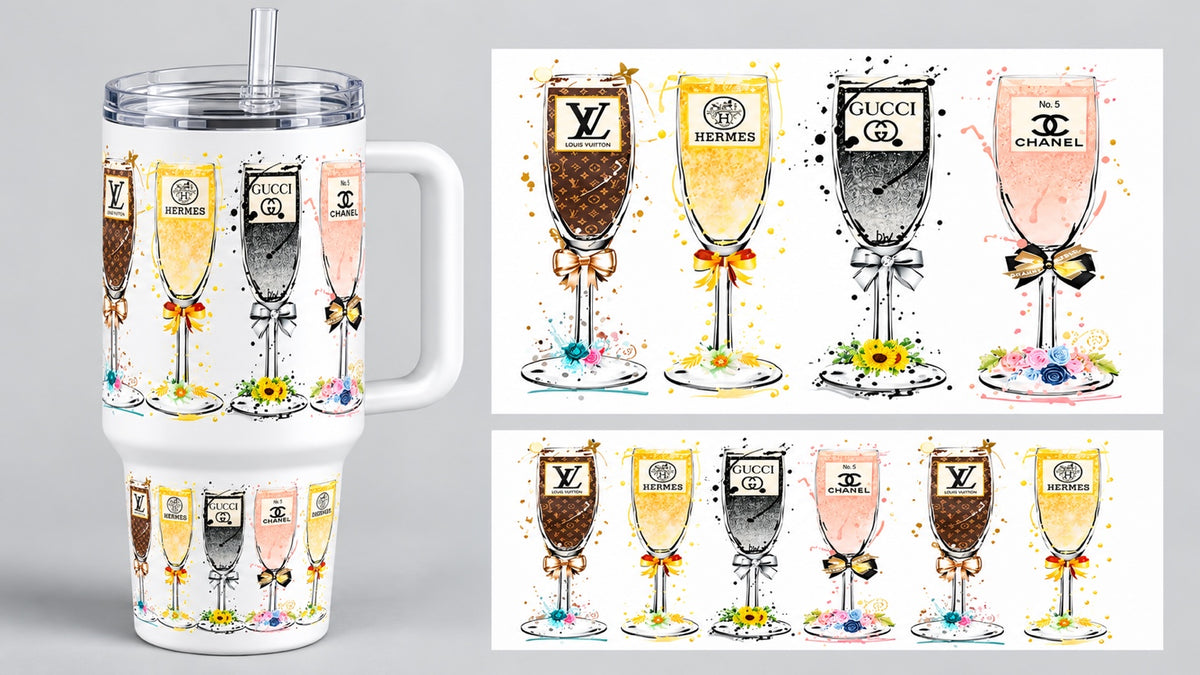 Fashion Champagne Flutes 40 oz tumbler wrap - tumbler mockup and flat wrap preview. Wrap only; tumbler not included.