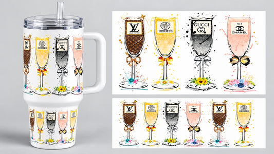 Fashion Champagne Flutes 40 oz tumbler wrap - tumbler mockup and flat wrap preview. Wrap only; tumbler not included.