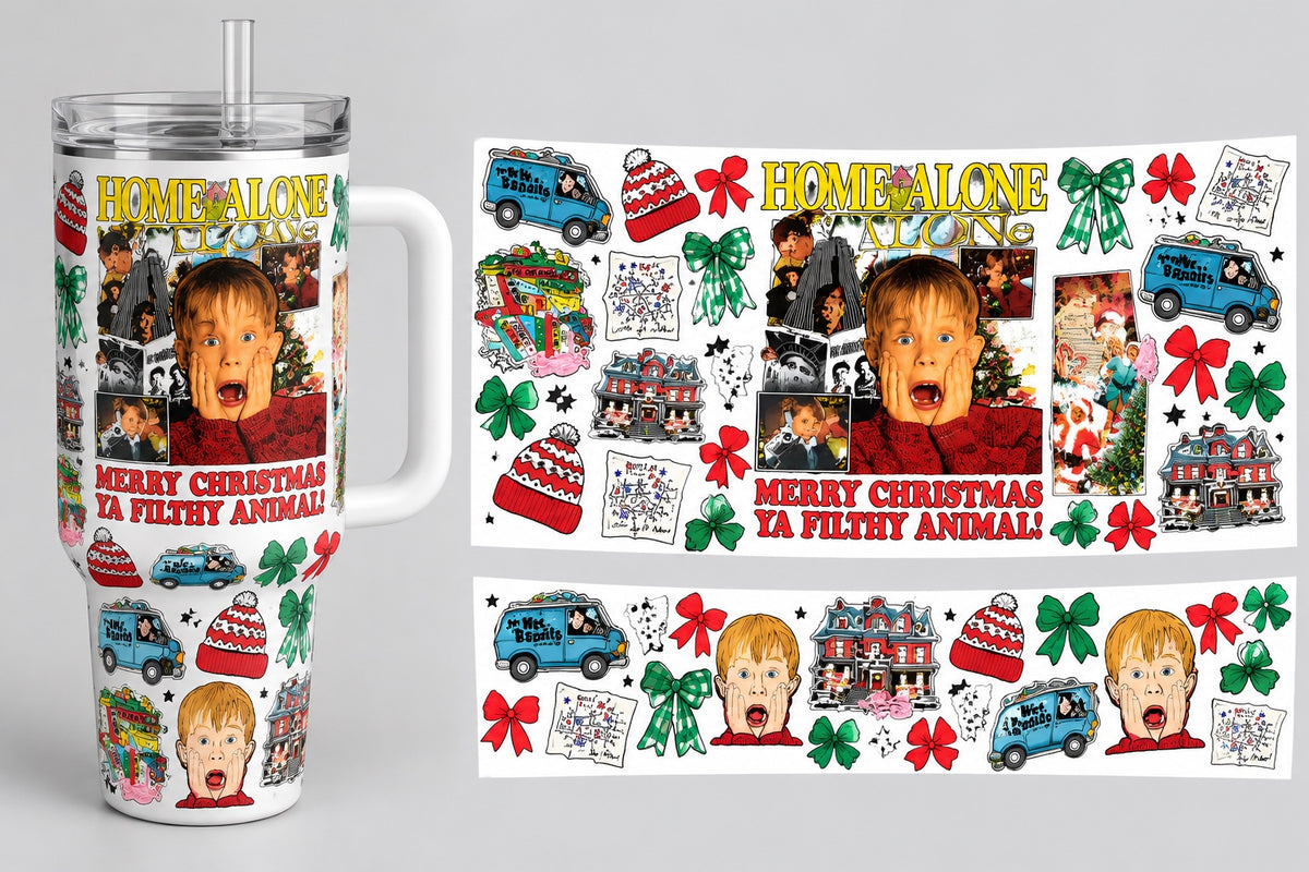Home Alone Christmas Collage 40 oz tumbler wrap - tumbler mockup and flat wrap preview. Wrap only; tumbler not included.