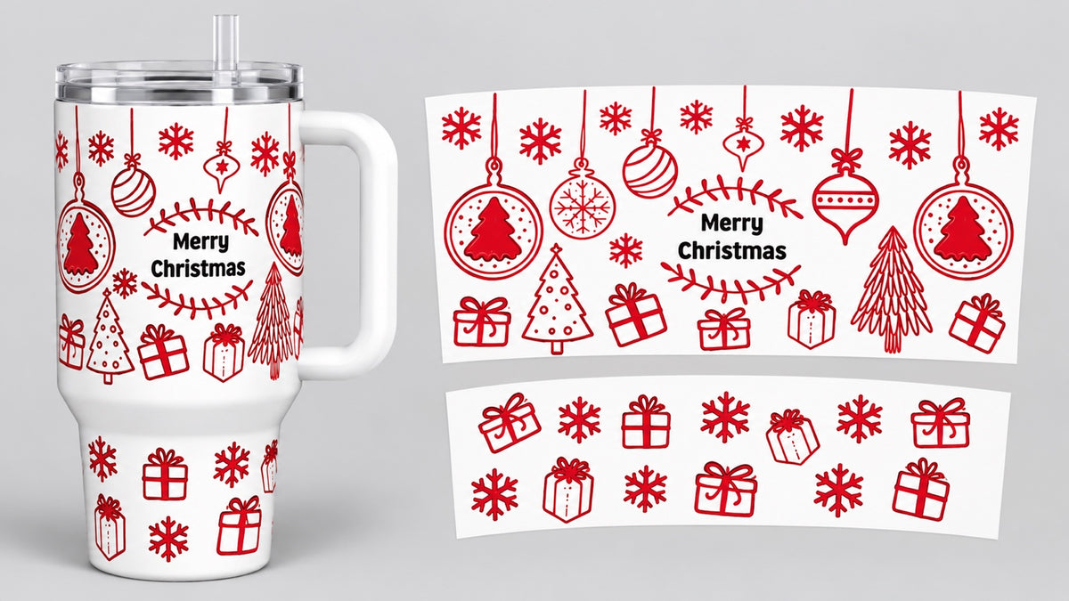 Merry Christmas Red Ornaments 40 oz tumbler wrap - tumbler mockup and flat wrap preview. Wrap only; tumbler not included.