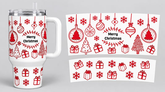 Merry Christmas Red Ornaments 40 oz tumbler wrap - tumbler mockup and flat wrap preview. Wrap only; tumbler not included.
