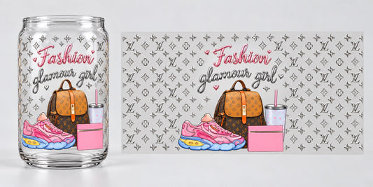 Fashion Glamour Girl UV DTF transfer - cup mockup and transfer preview. Transfer only; cup not included.