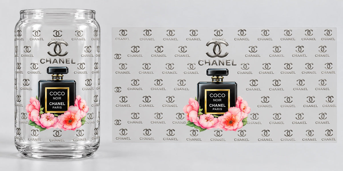 Coco Noir Perfume and Pink Florals UV DTF transfer - cup mockup and transfer preview. Transfer only; cup not included.