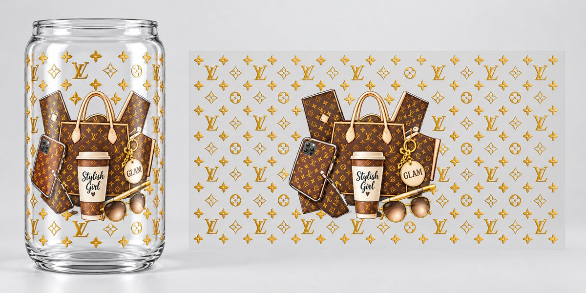 Stylish Girl Monogram Accessories UV DTF transfer - cup mockup and transfer preview. Transfer only; cup not included.