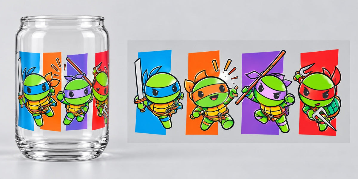 Ninja Turtle Squad UV DTF transfer - cup mockup and transfer preview. Transfer only; cup not included.