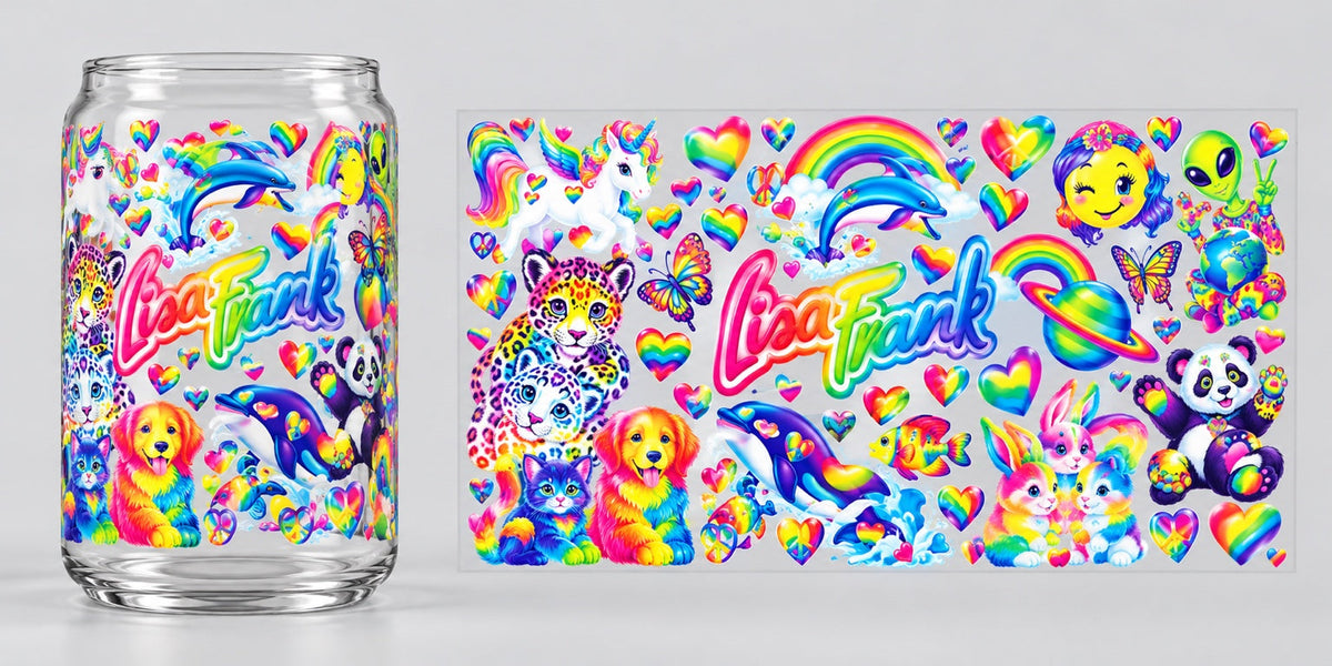 Lisa Frank Rainbow Animals UV DTF transfer - cup mockup and transfer preview. Transfer only; cup not included.