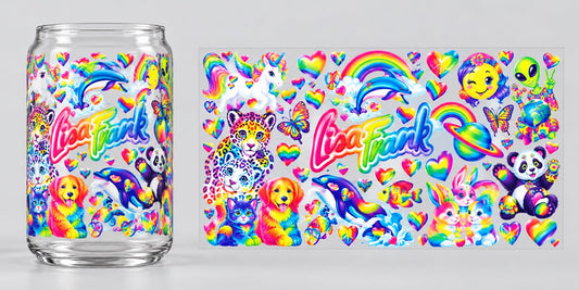 Lisa Frank Rainbow Animals UV DTF transfer - cup mockup and transfer preview. Transfer only; cup not included.