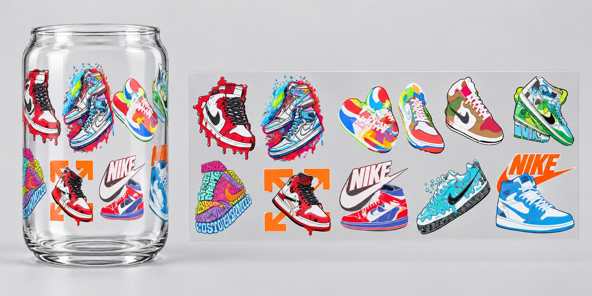 Colourful Sneaker Collage UV DTF transfer - cup mockup and transfer preview. Transfer only; cup not included.