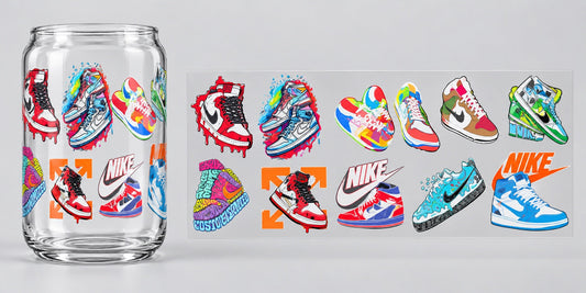 Colourful Sneaker Collage UV DTF transfer - cup mockup and transfer preview. Transfer only; cup not included.