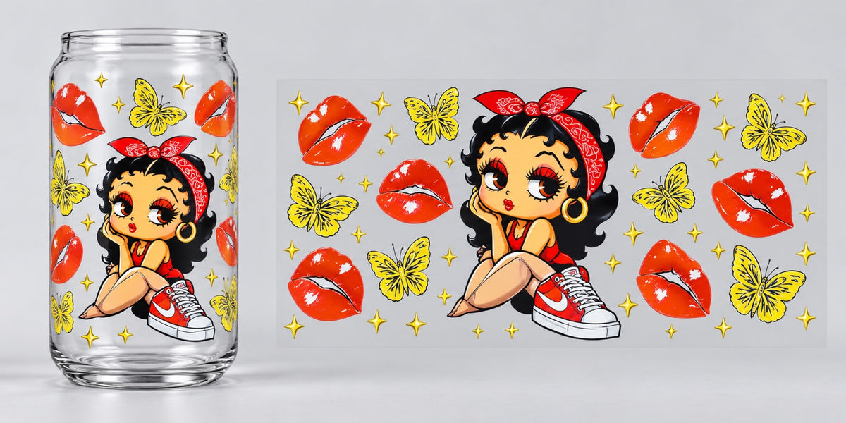 Betty Boop Red Bandana and Butterflies UV DTF transfer - cup mockup and transfer preview. Transfer only; cup not included.