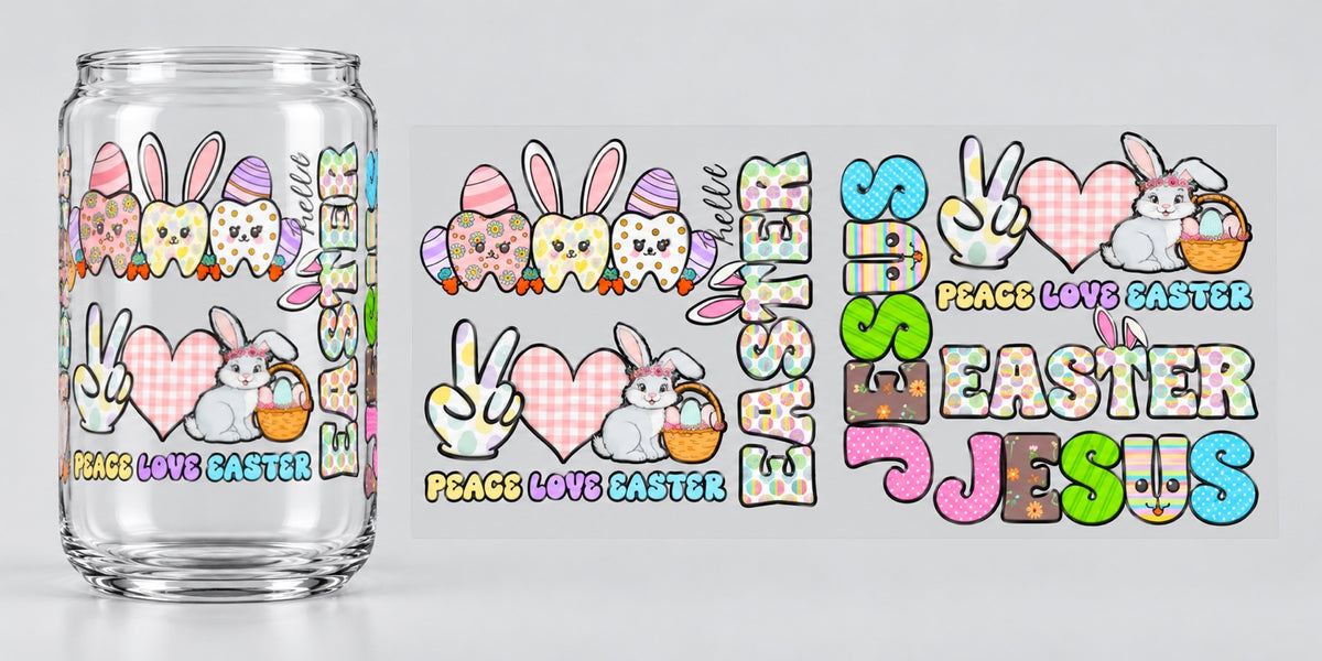 Peace Love Easter and Jesus UV DTF transfer - cup mockup and transfer preview. Transfer only; cup not included.