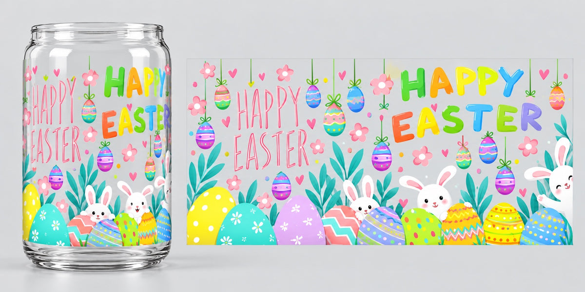 Happy Easter Bunnies and Eggs UV DTF transfer - cup mockup and transfer preview. Transfer only; cup not included.